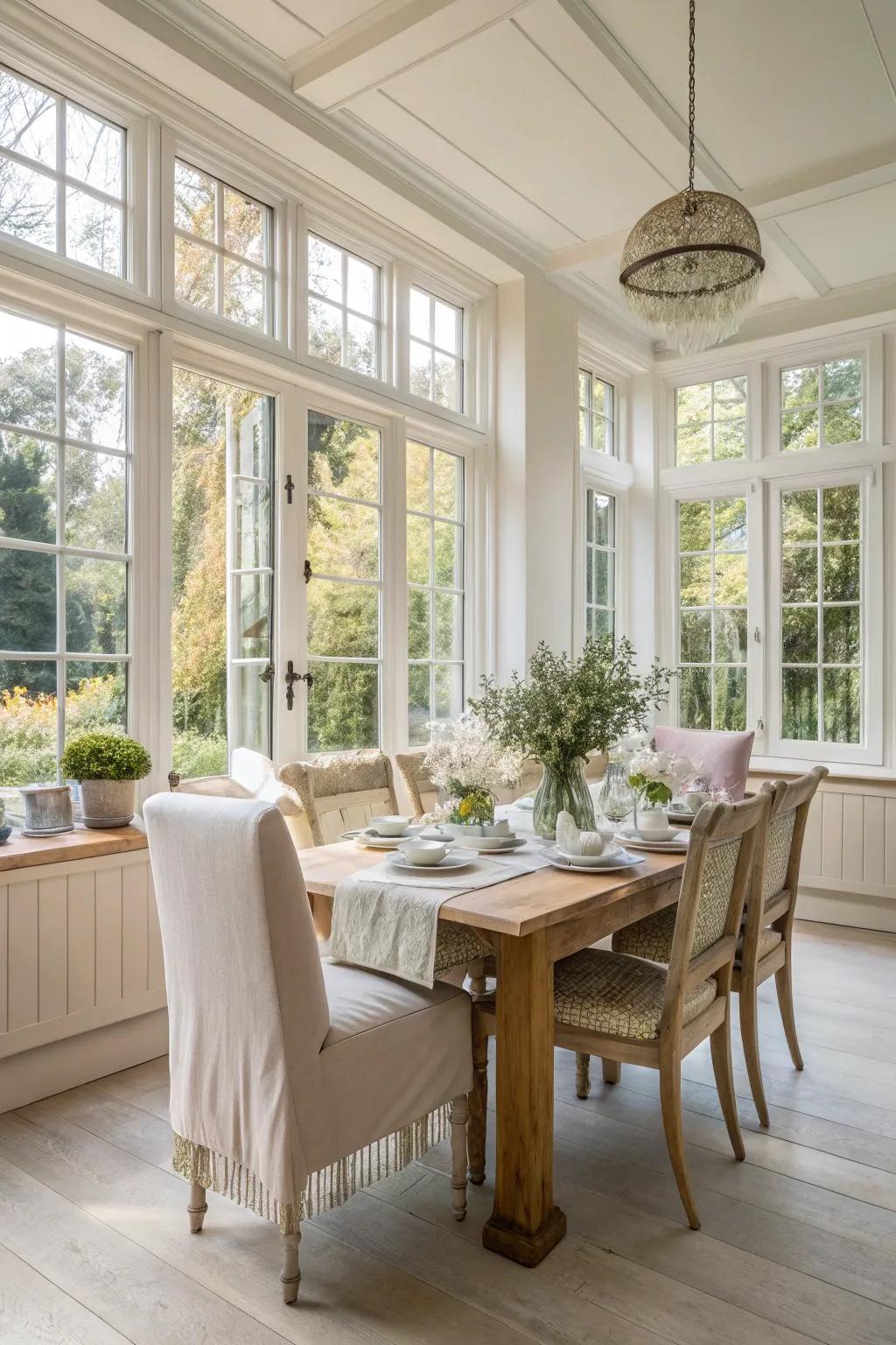 Sunshine that enhances the warmth and openness of the dining area.