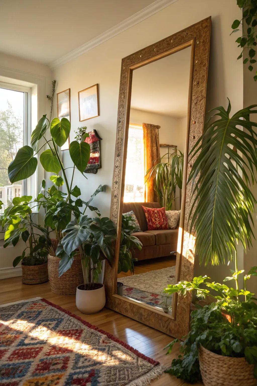 Plants and reflectors synergize to generate a natural, breezy atmosphere in this lounge.