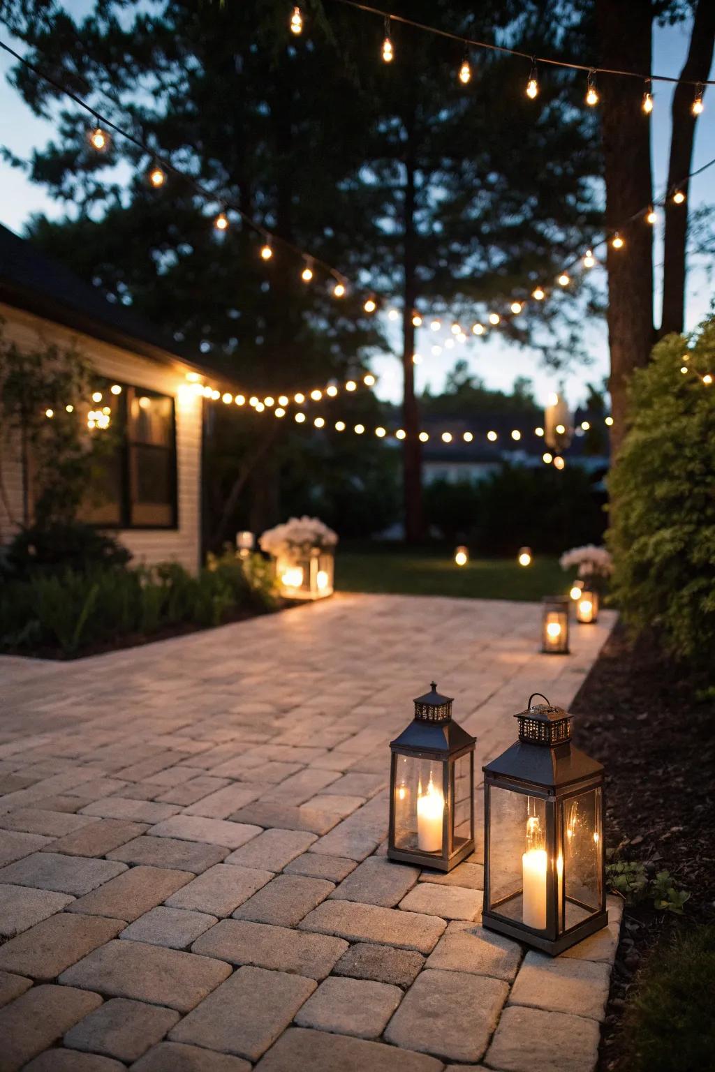 Ambient lighting amplifies the evening charm of this paver patio.
