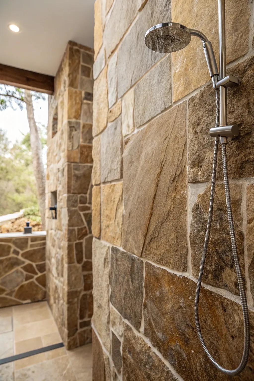 Natural stone layers add a classic touch to current showers.