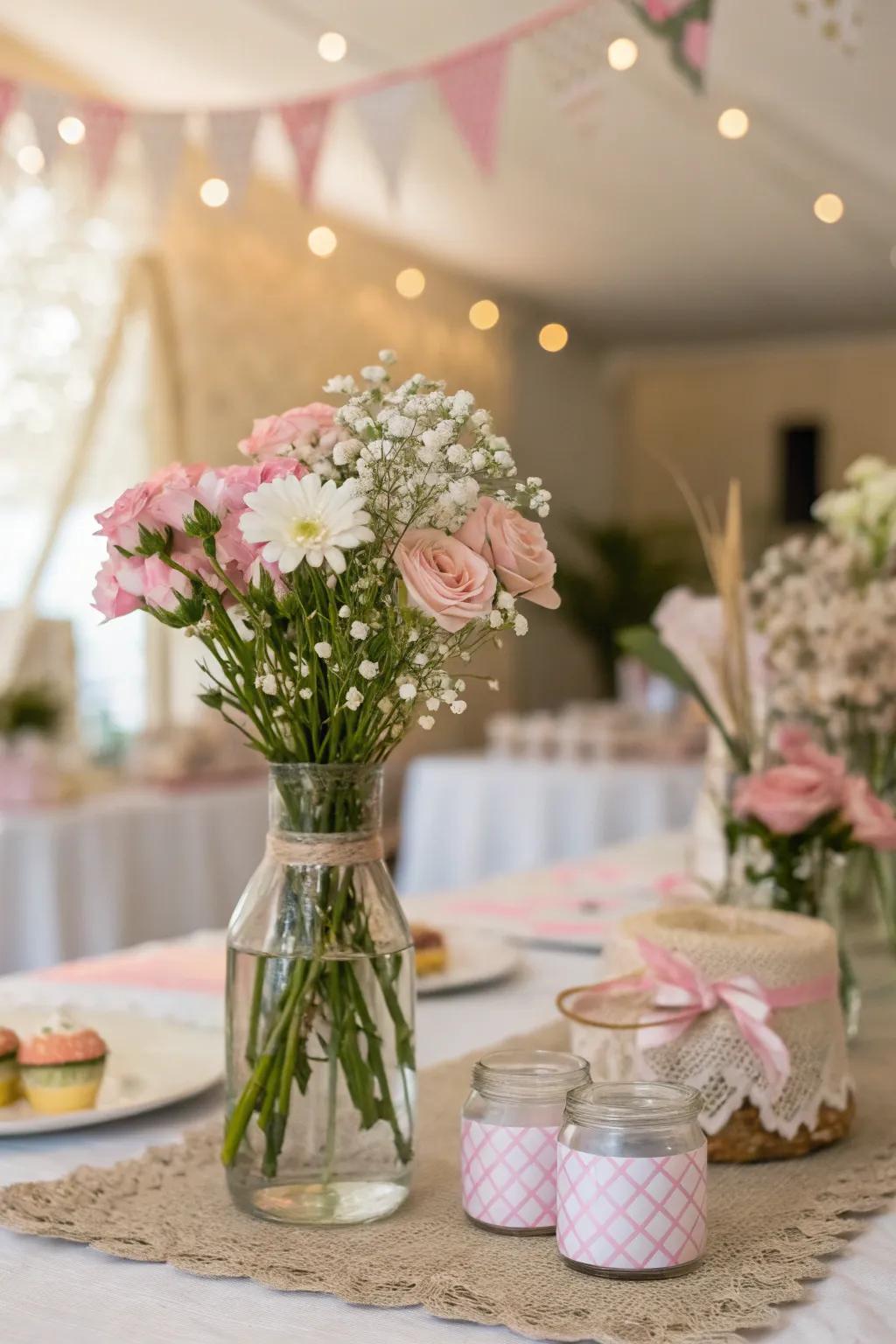 Fresh botanical focal points bring a hint of class to the baby shower table.
