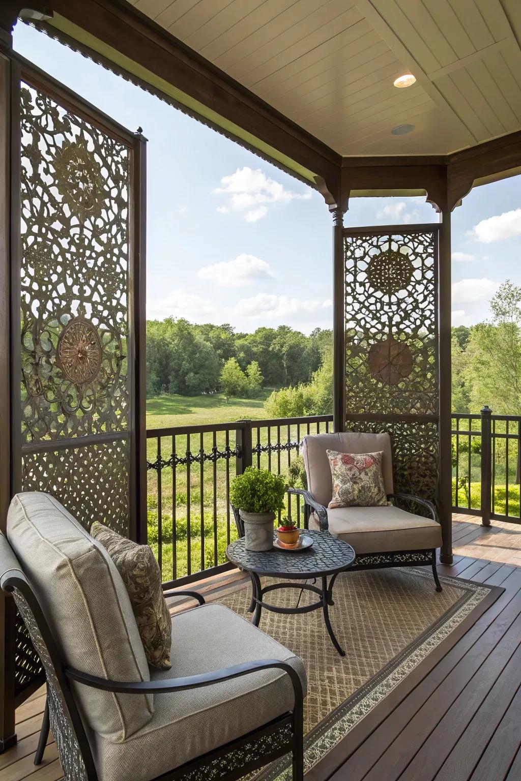Elaborate fancy boards add artistic flair to this attractive deck space.