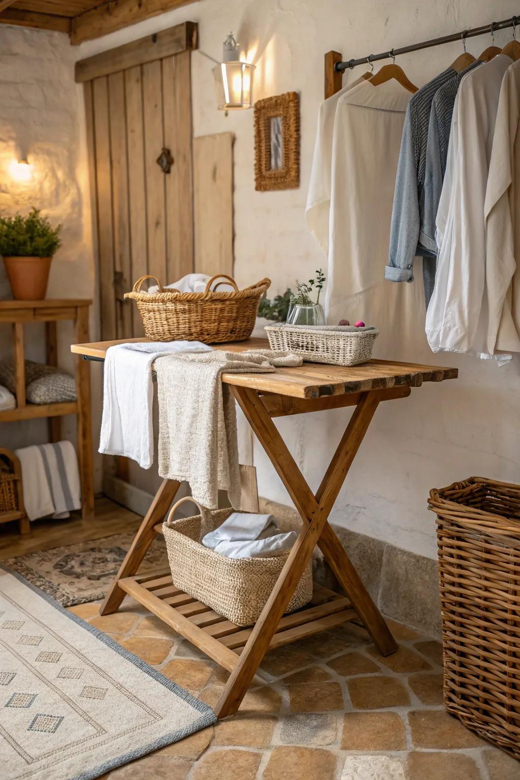 A rustic folding table brings warmth into the laundry area.