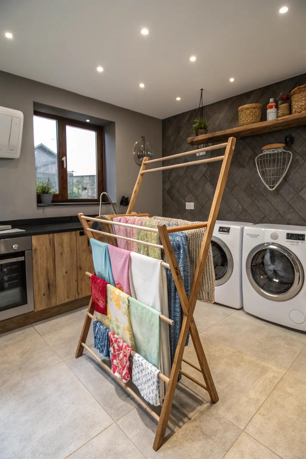 A natural wood dryer adding warmth within a contemporary laundry room.
