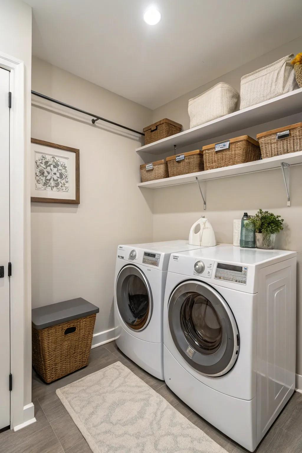 Neutral colors establish a serene and welcoming washing space.