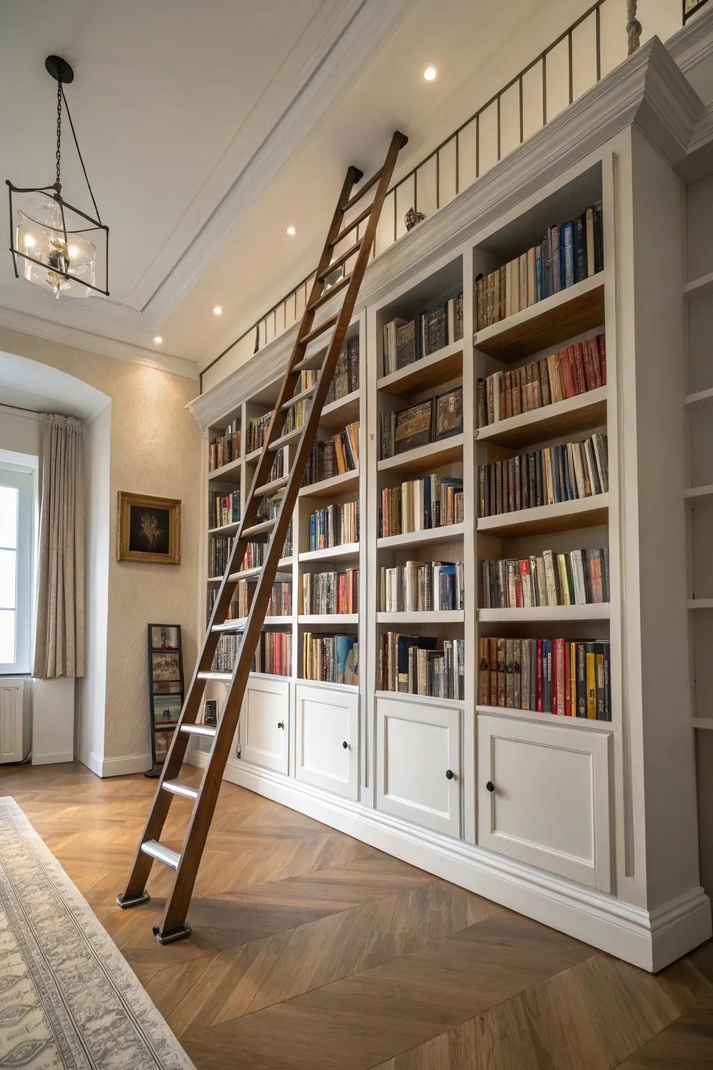 An elegant library ladder for effortless access to high shelving.