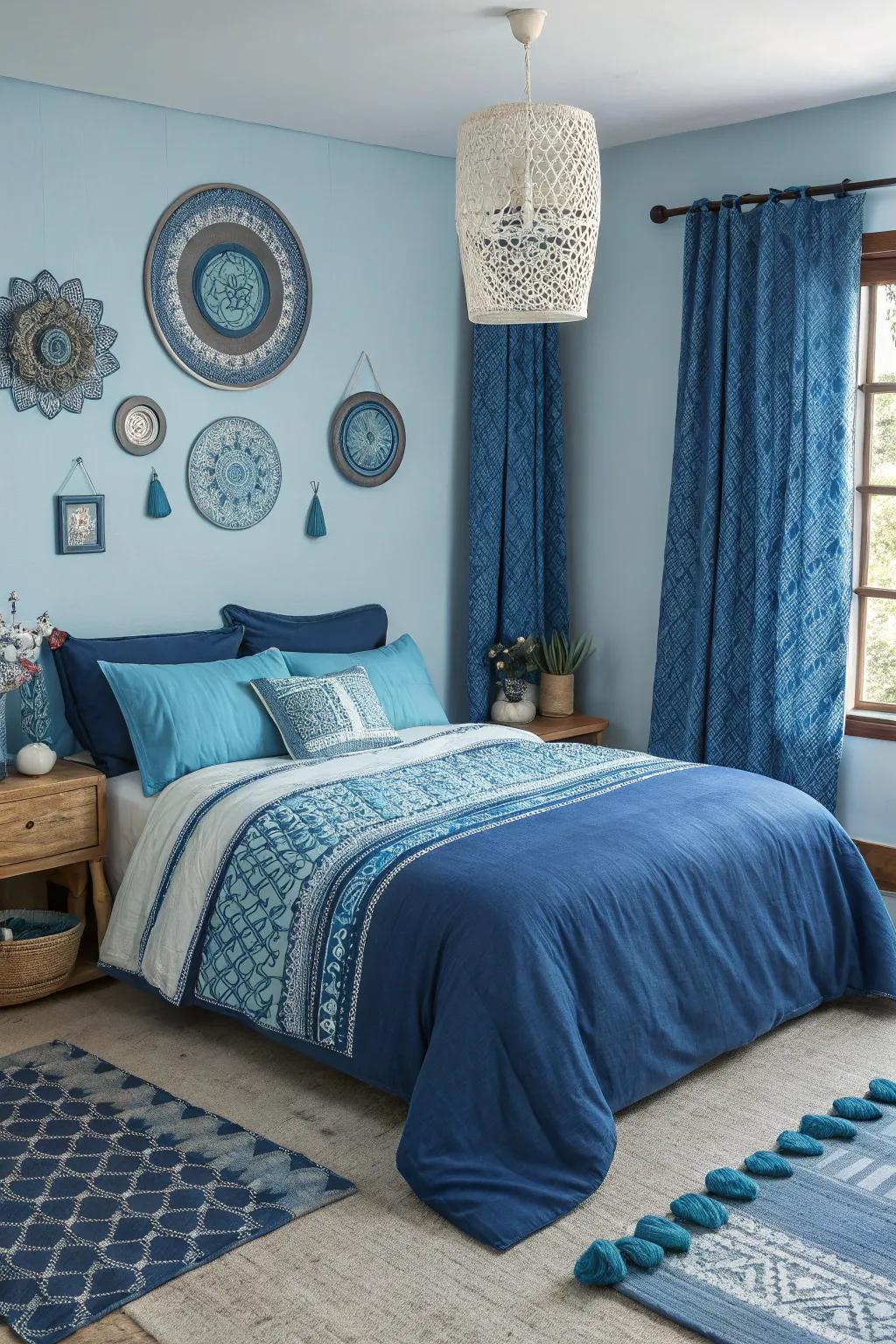 A bedroom filled with many shades of blue, resulting in a harmonious and dynamic style.