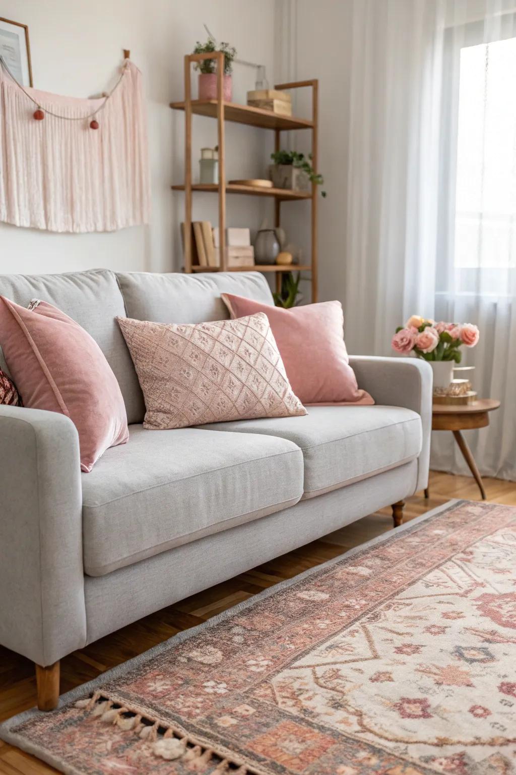 Blush-colored features contribute gentle sophistication to an arrangement showcasing a light grey couch.