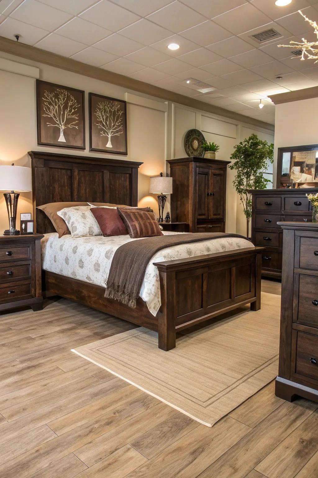 Dark furniture generating a striking contrast against light wood flooring.