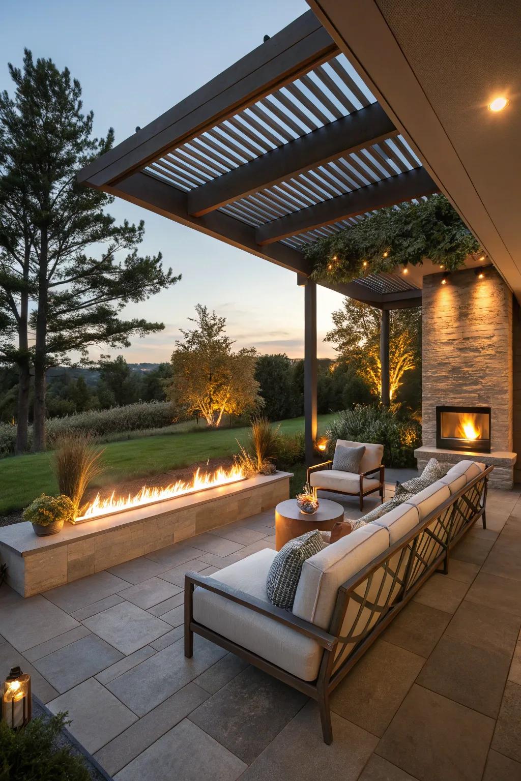Fashion an inviting exterior retreat using a long hearth.