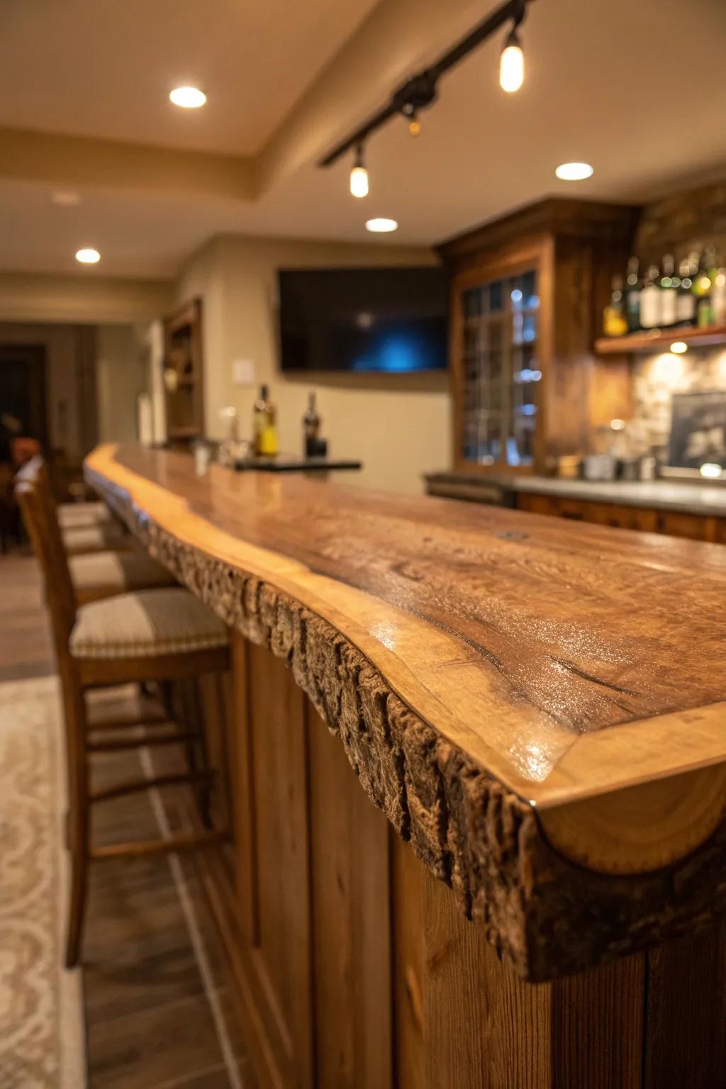 A warm-toned natural-edge bar that includes a comfortable touch to any home setting.