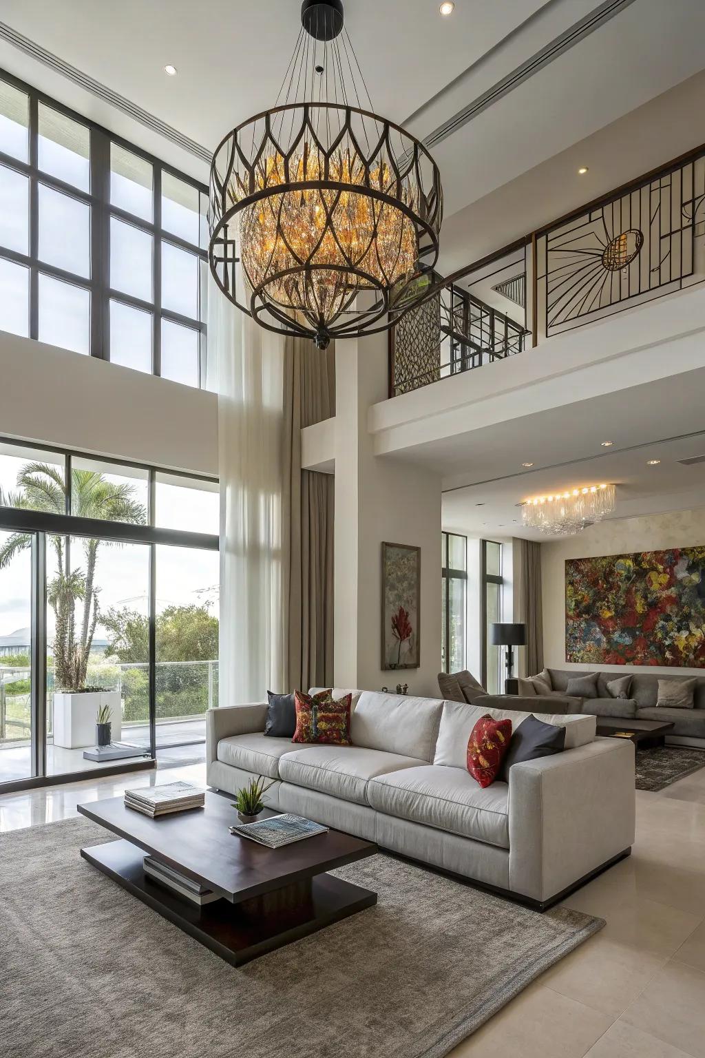 A contemporary living room presents an abstract chandelier characterized by a daring design.