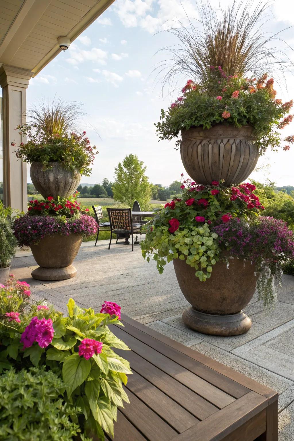 Large containers on a deck add color and require minimal upkeep.