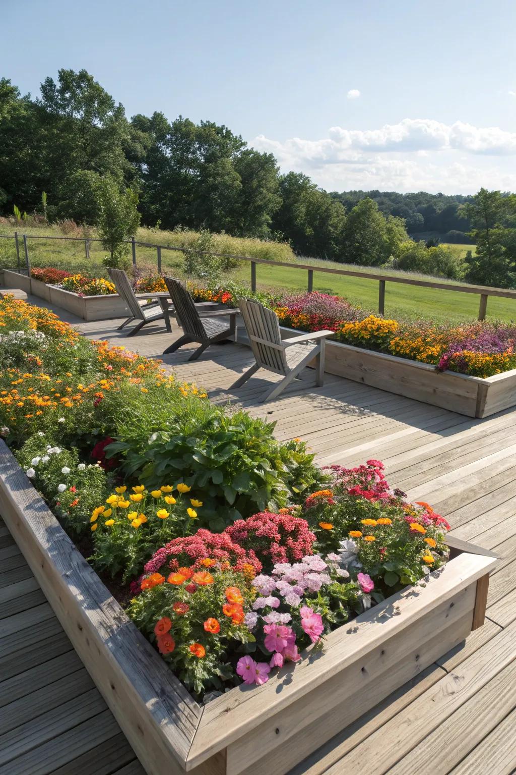 Elevated planting beds brimming with bright flowers bordering a deck.