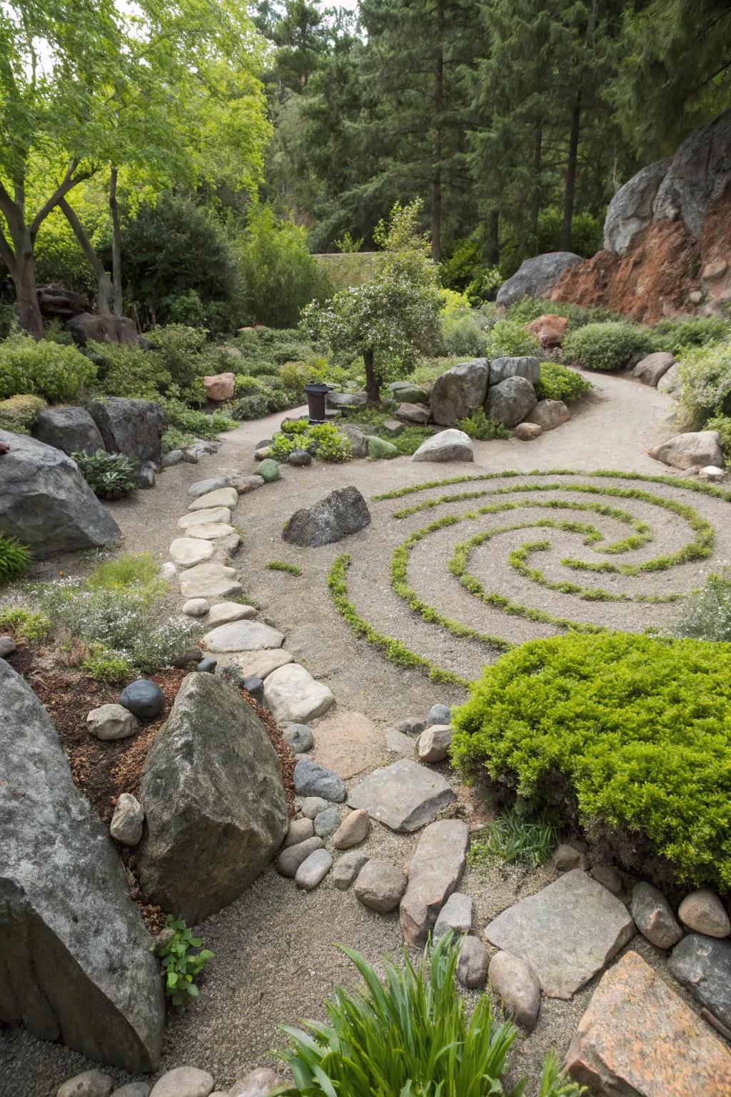 A creatively designed winding pattern within a compact rock garden.