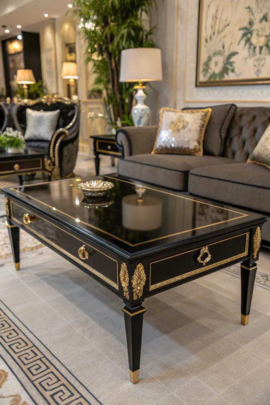 A polished charcoal coffee table with gilded accents.