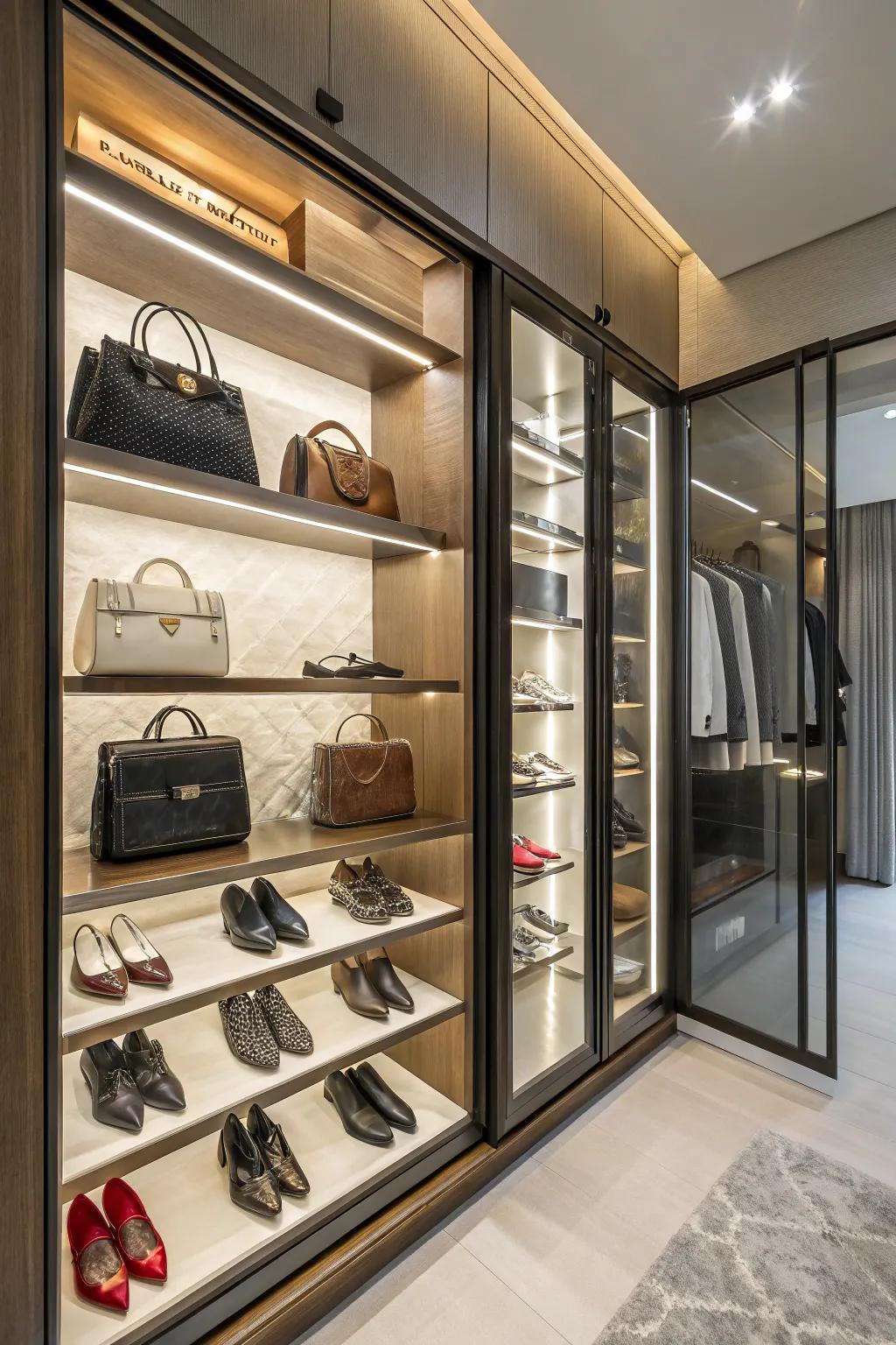Accessible shelves exhibiting a meticulously curated assortment of footwear and handbags.