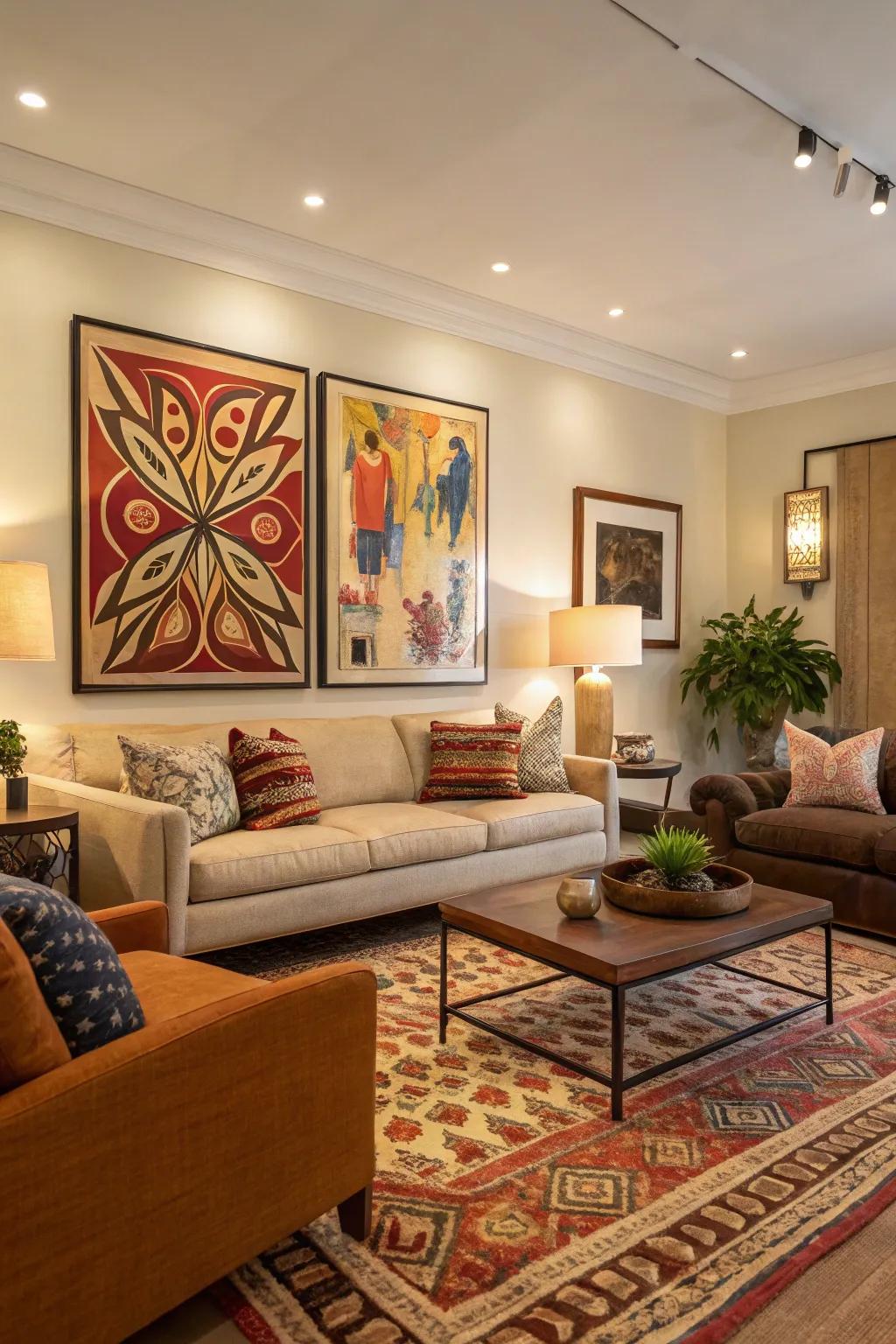 A strong piece of art creates a remarkable statement in this sophisticated room.