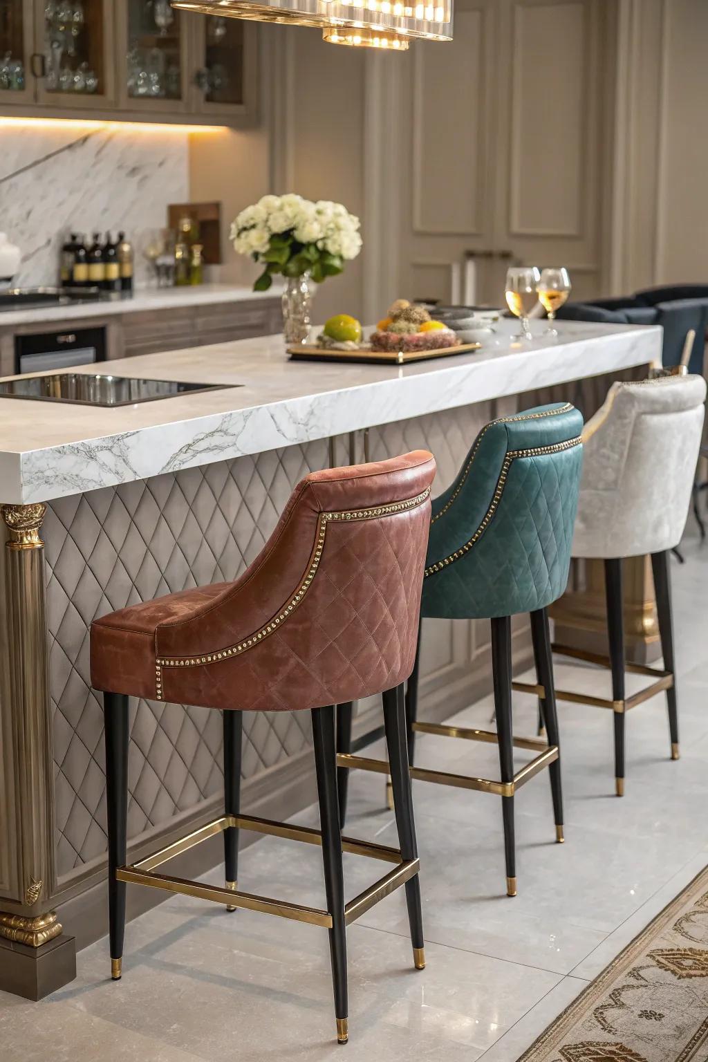 Designer bar stools add character to a kitchen island.