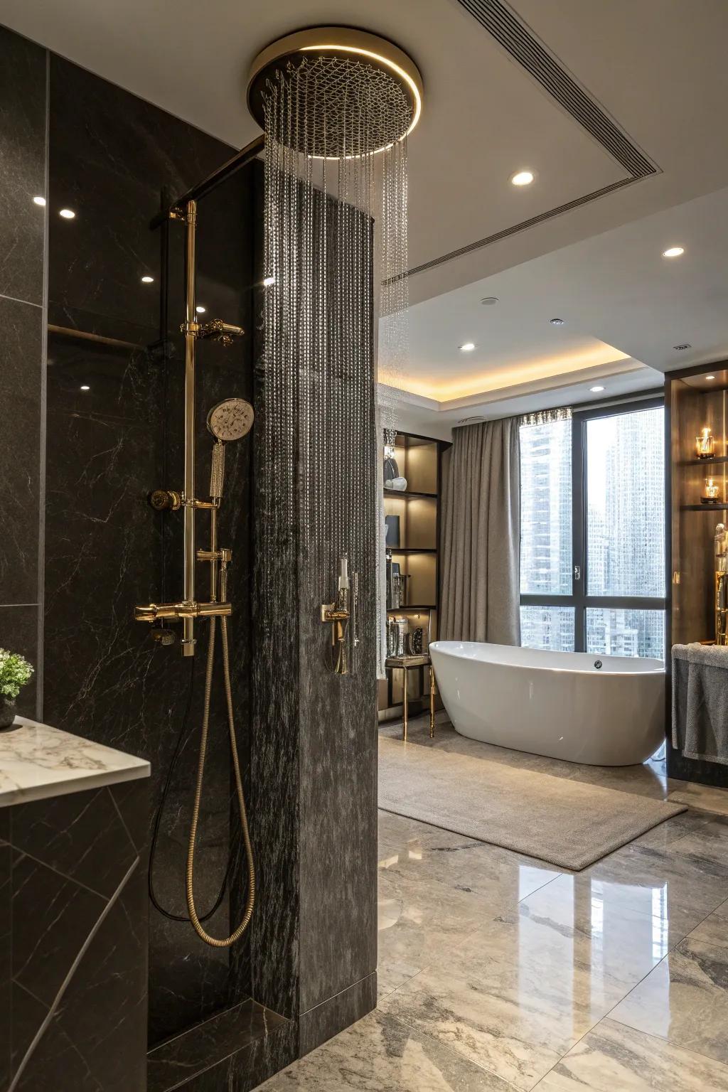 A luxury bathroom showcasing superior-quality fixtures, including a rainfall shower.
