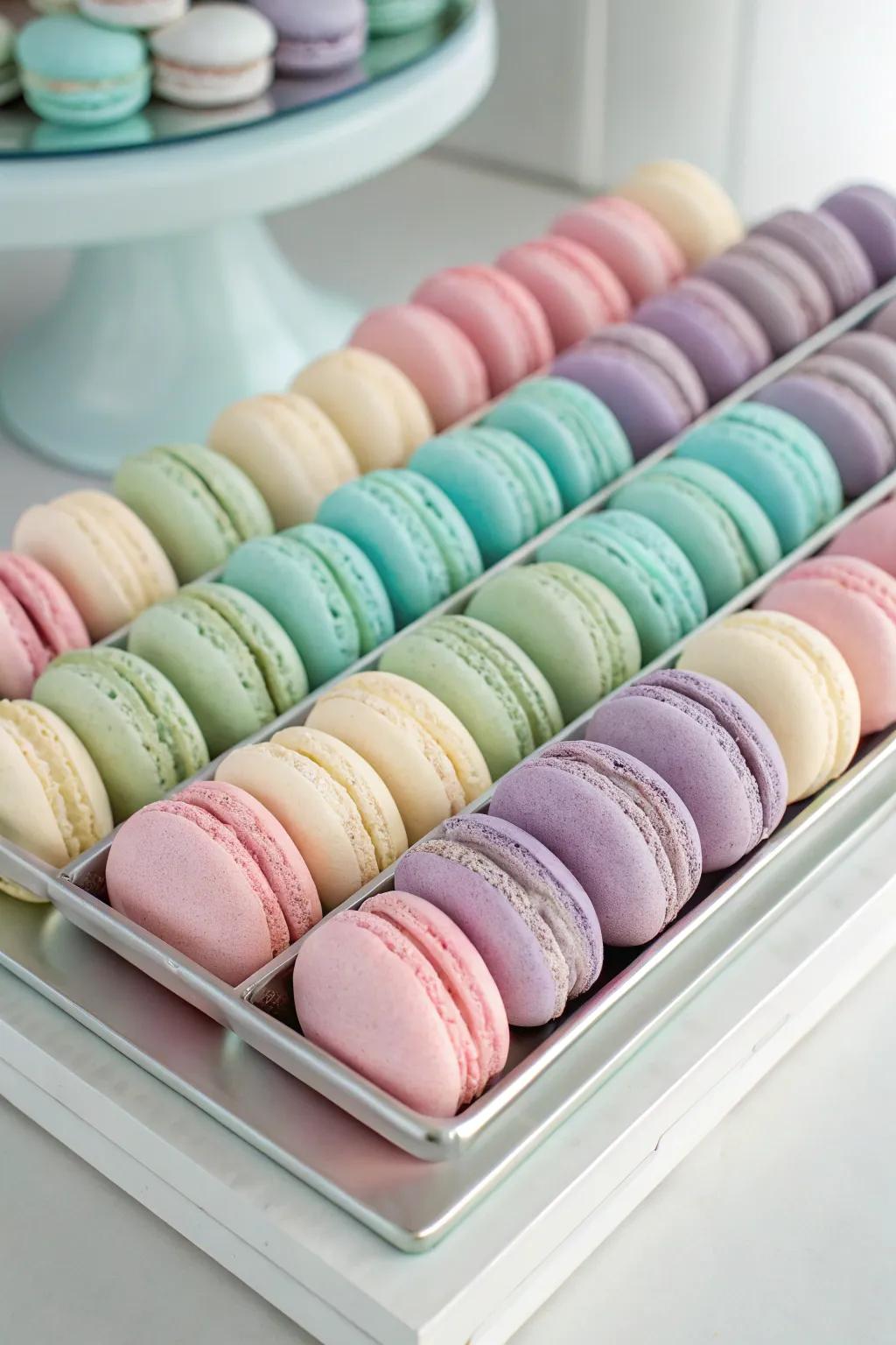 Color-coordinated macarons in soft hues.