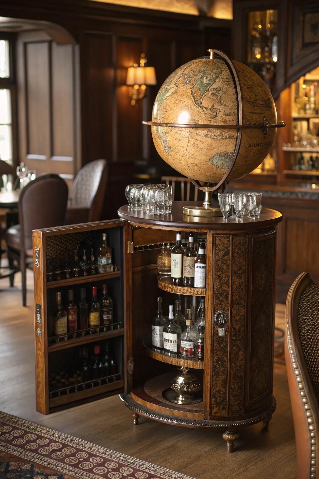 A vintage globe bar works as both a stylish and useful centerpiece.