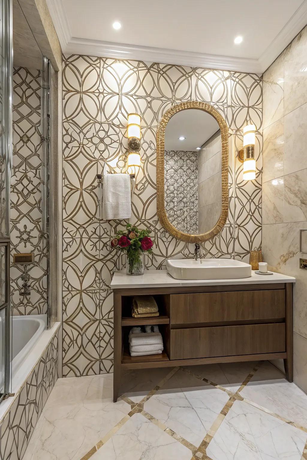 An eye-catching accent wall featuring intricate artificial marble patterns.