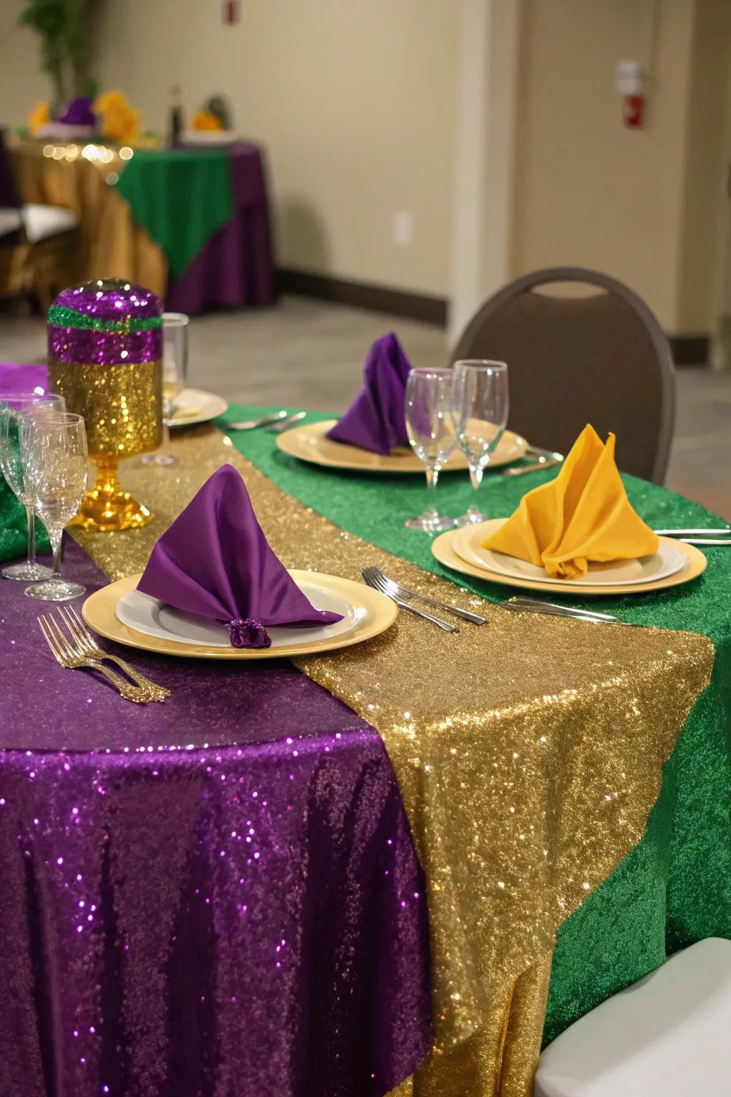 Bring shimmer to your dining with gleaming textiles.