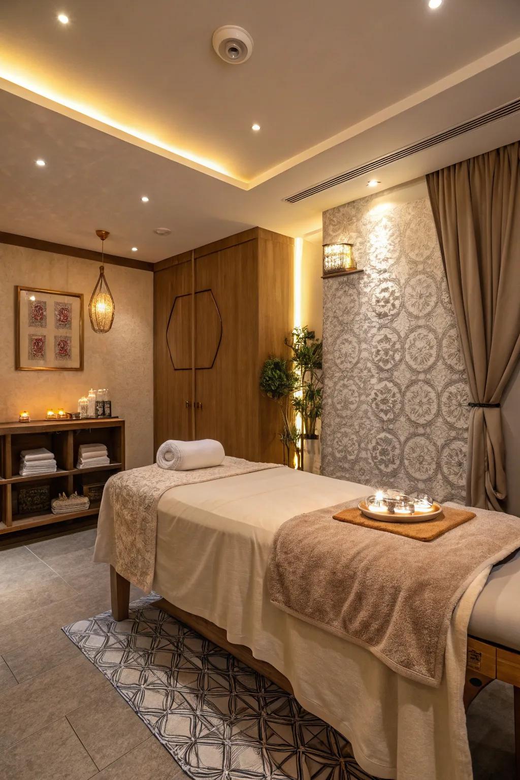 A massage space showing off a comfy massage bed with deluxe linens.