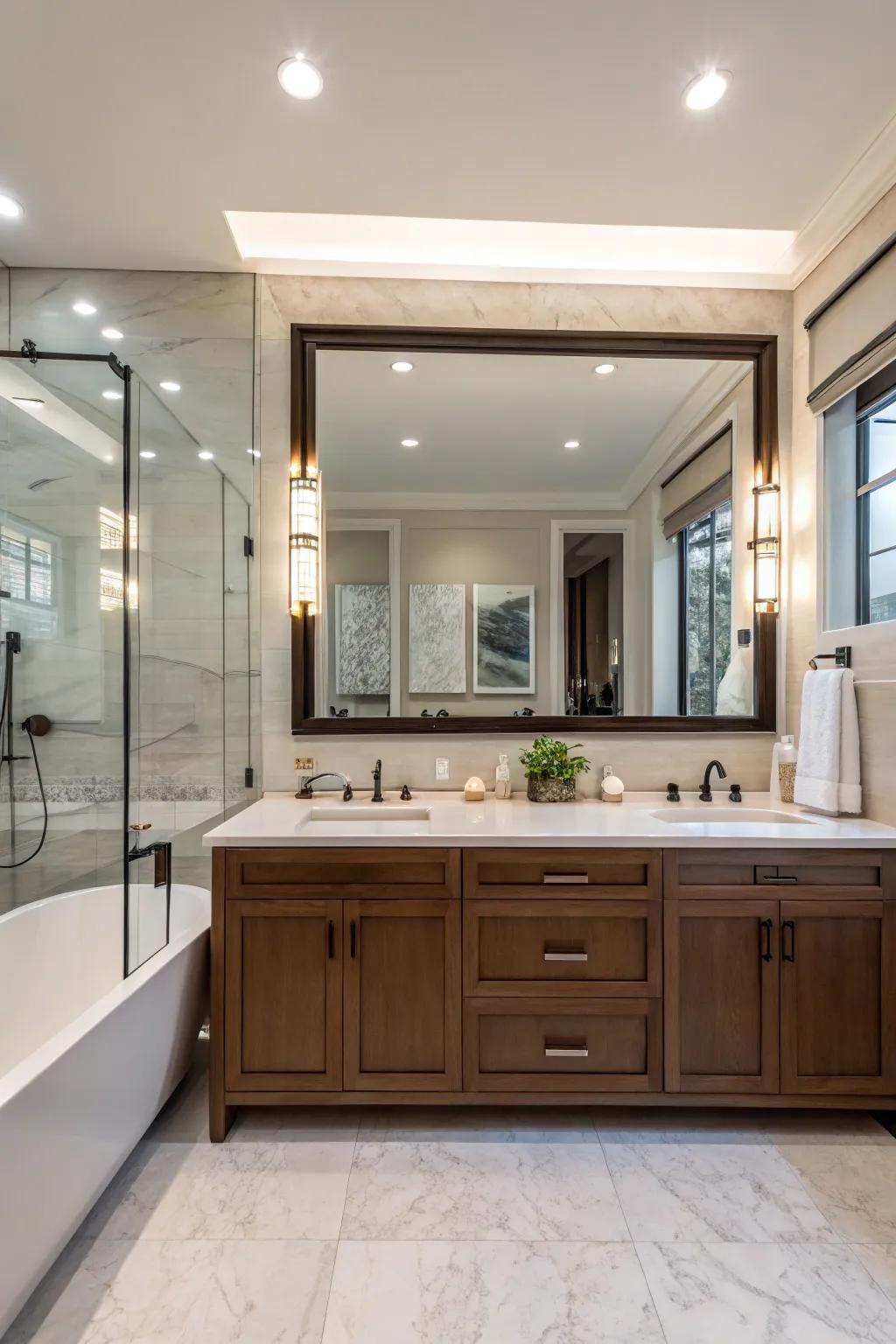 A primary bathroom featuring a large rectangular mirror above the vanity.