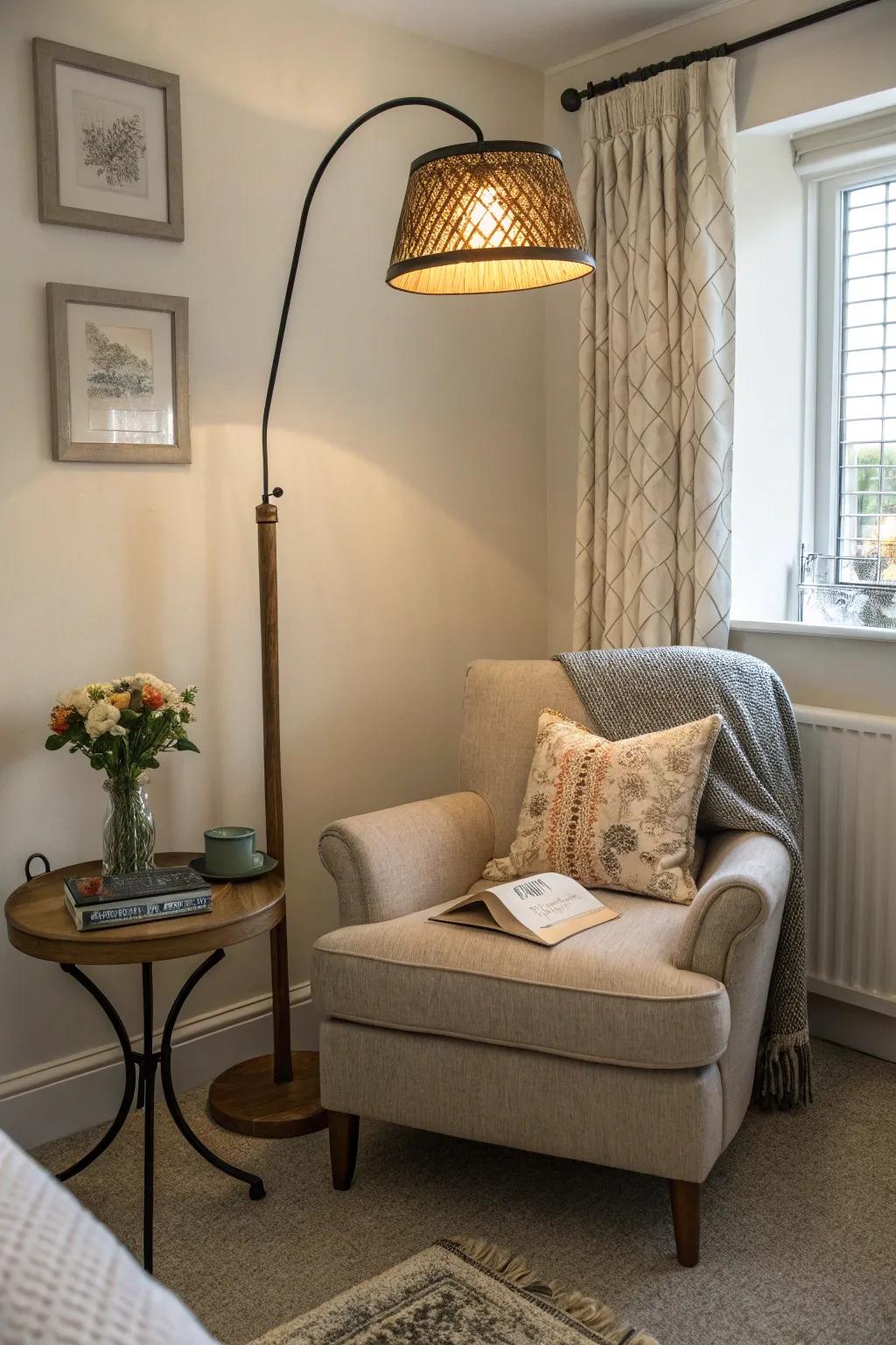 A standing lamp establishing a snug reading corner.
