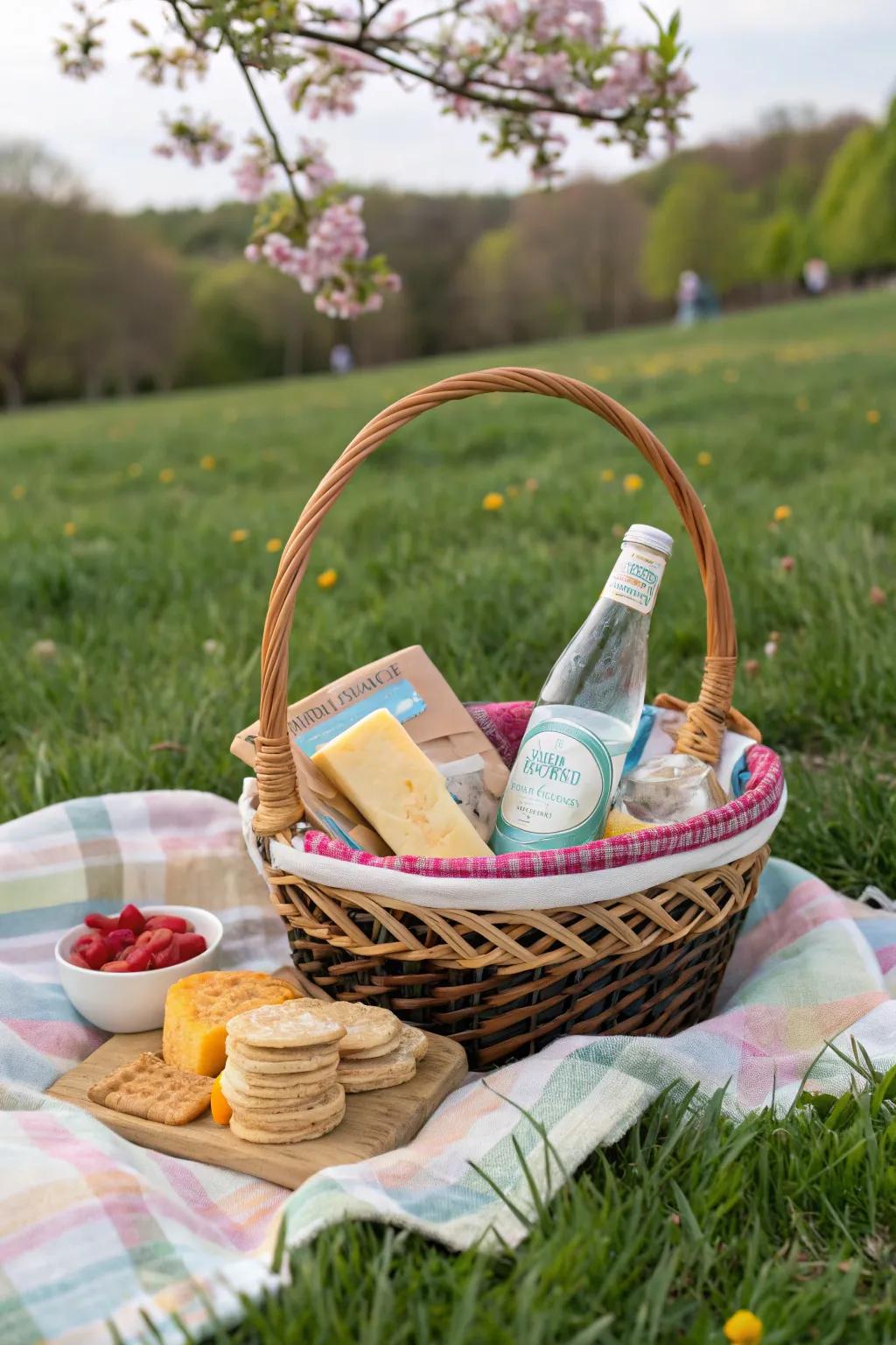 A delightful picnic arrangement in a convenient May basket.