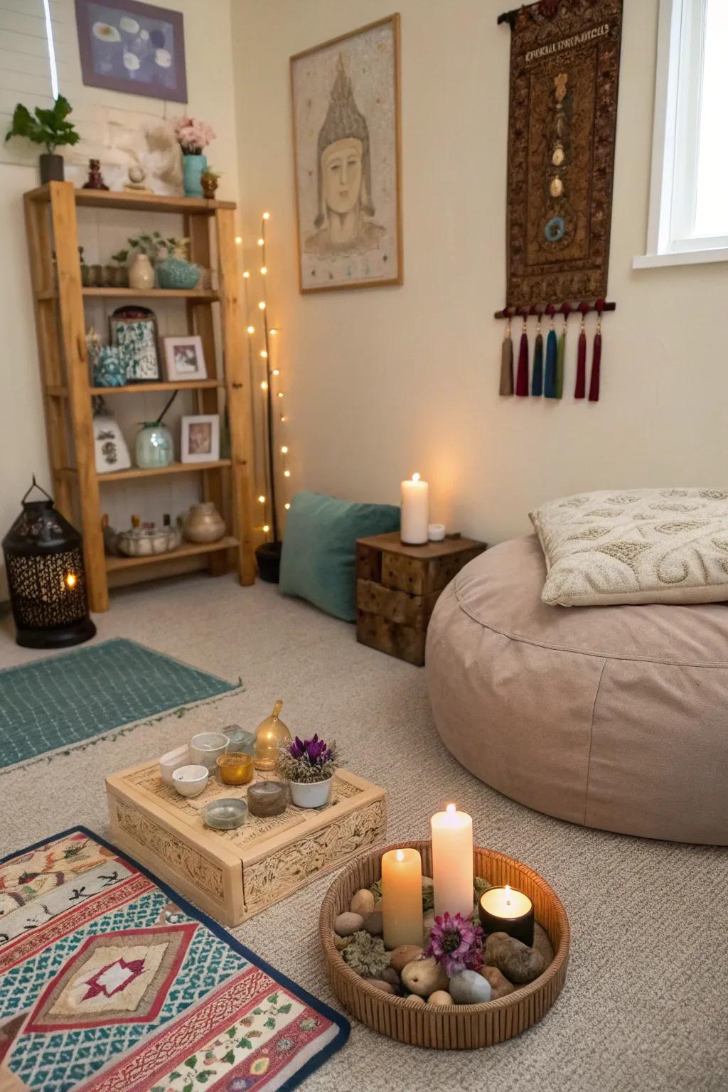 A meditation space exhibiting personal items and spiritual icons.