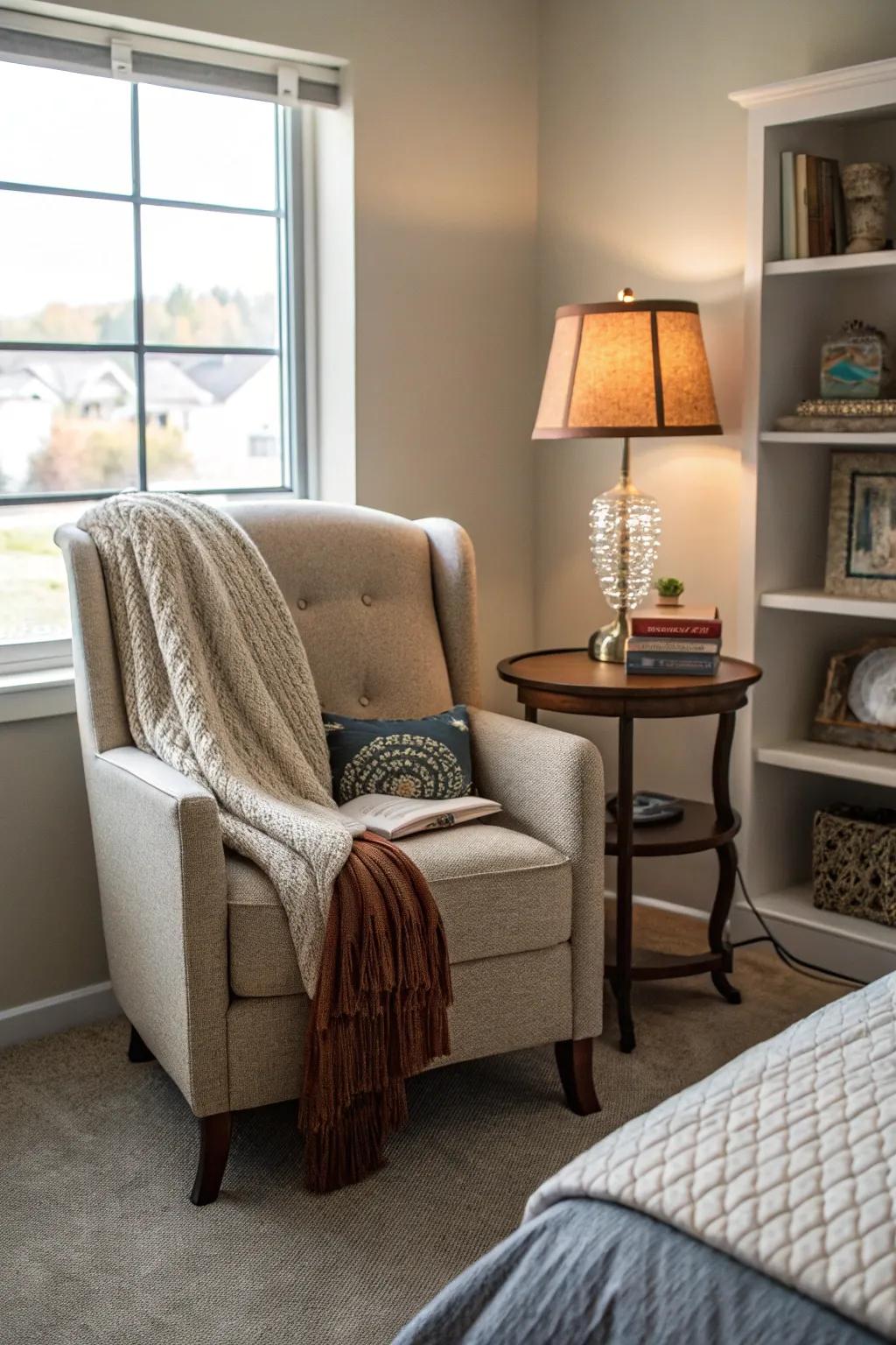 A snug boudoir corner featuring an armchair and a small table.