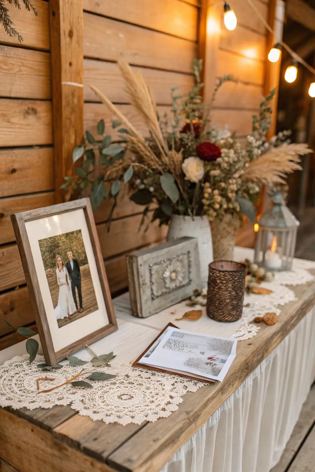 A rustic timber background introduces warmth and charm to a memory display.