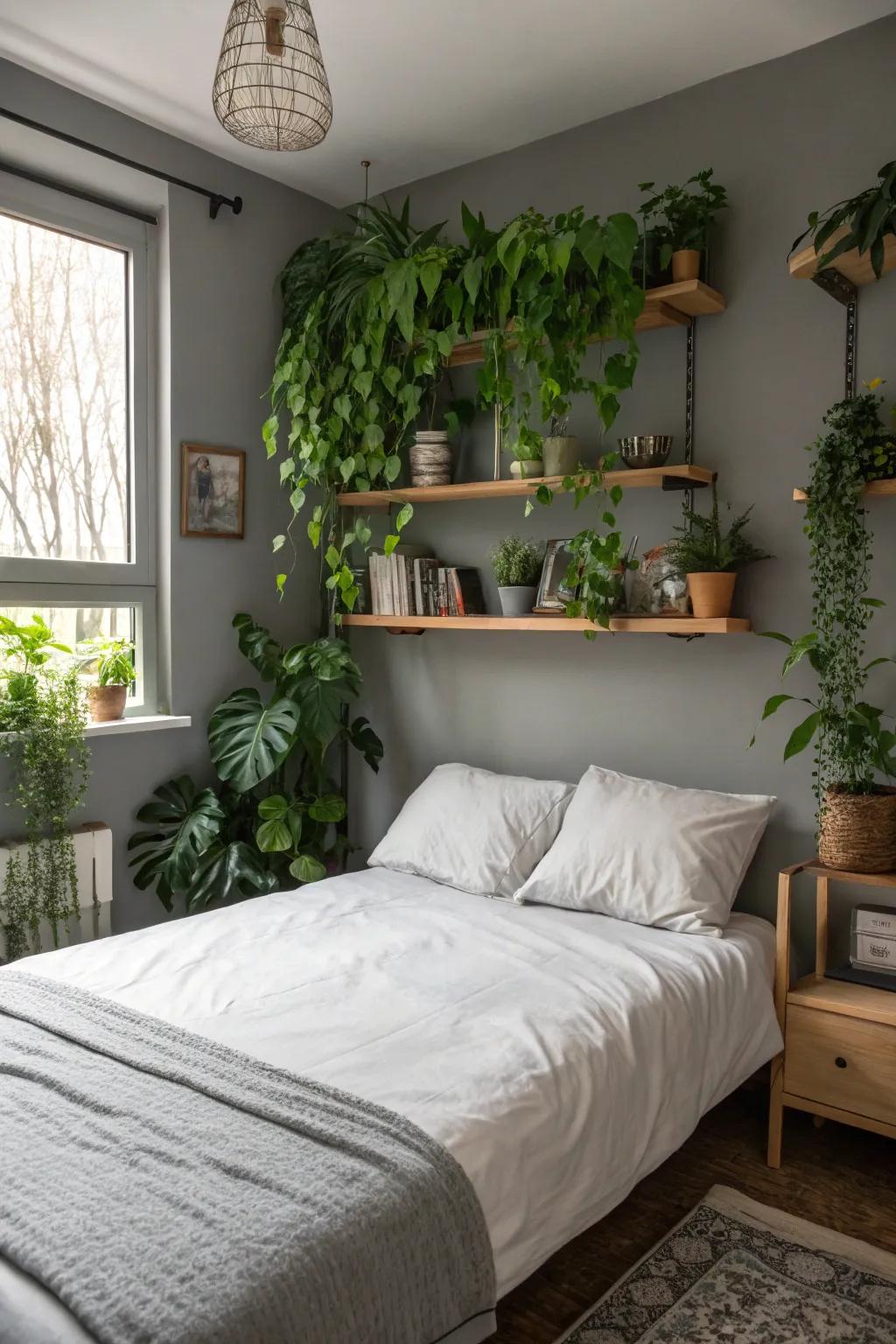 Greenery brings a fresh touch to the sleek grey bedroom.