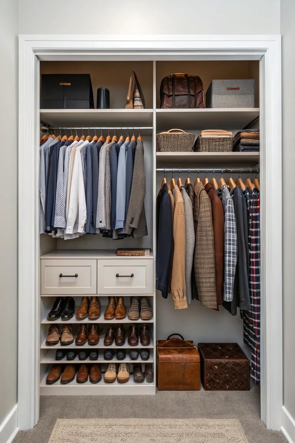 Clever vertical space usage for supplemental storage inside a men’s closet.