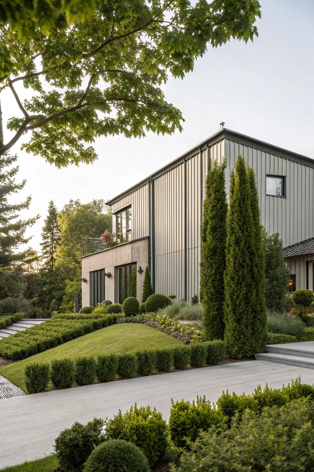An elegant house that features vertical metal cladding, enhancing its stately appearance.