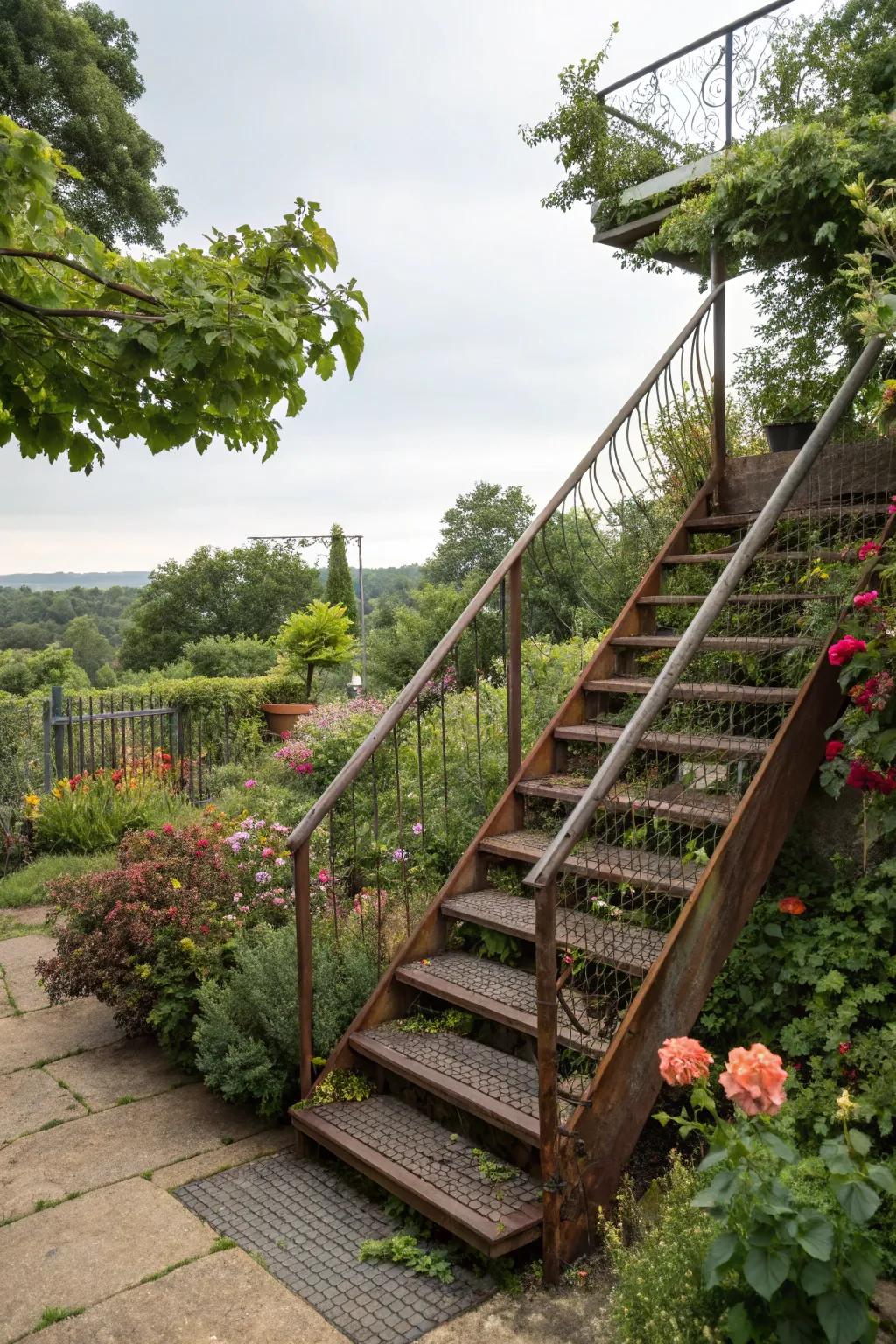 Elevate the ease of accessing your garden through a stylish metallic stairway.
