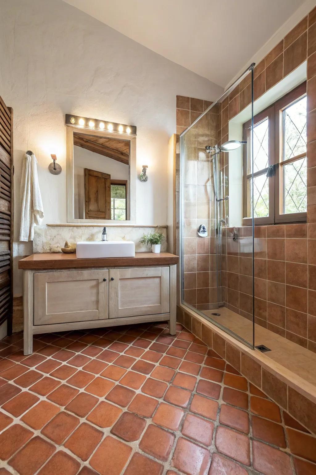 Terracotta tiles give the floor an earthy appeal.