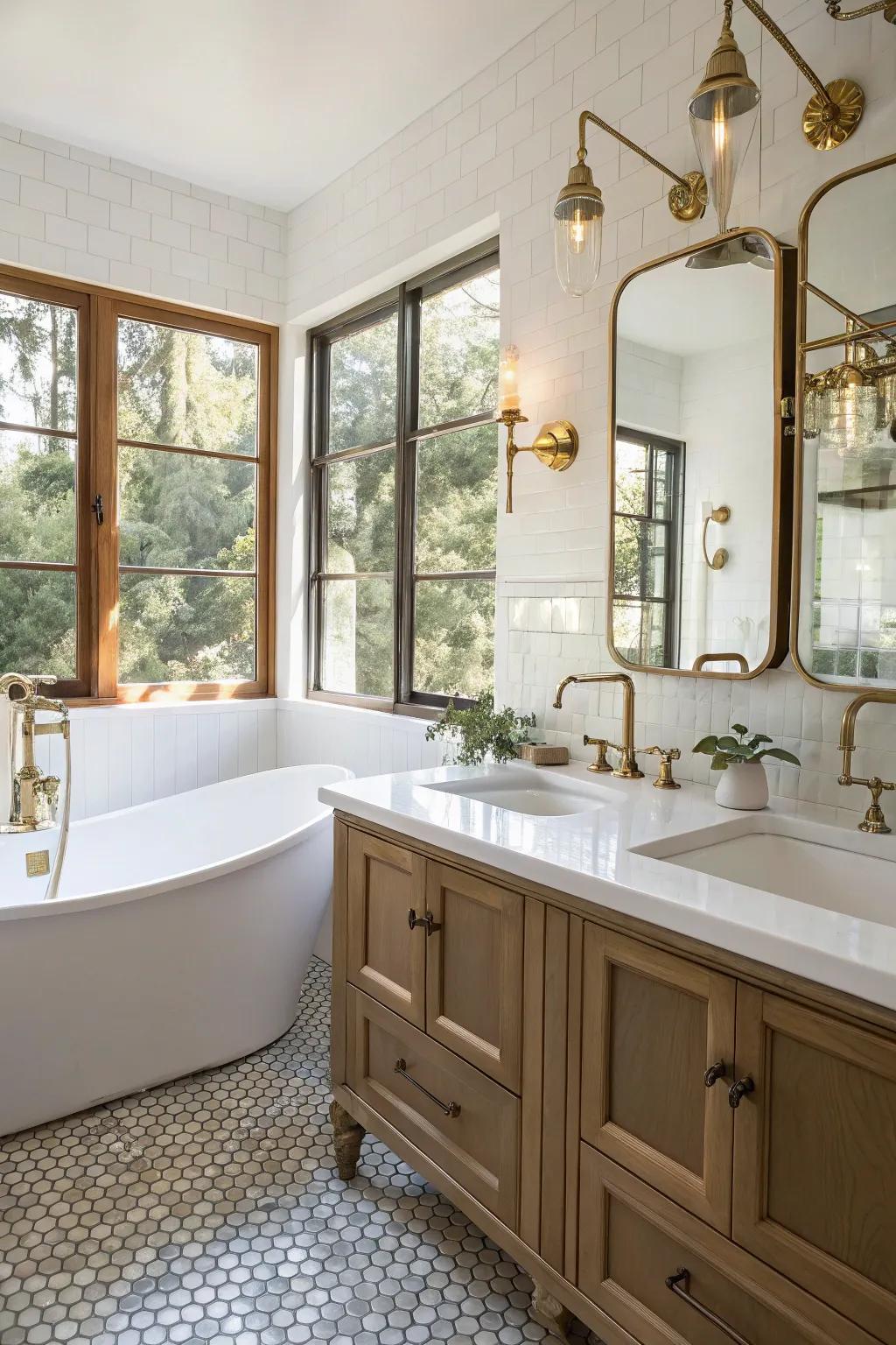 Metal fixtures inject an elegant radiance into the lavatory.