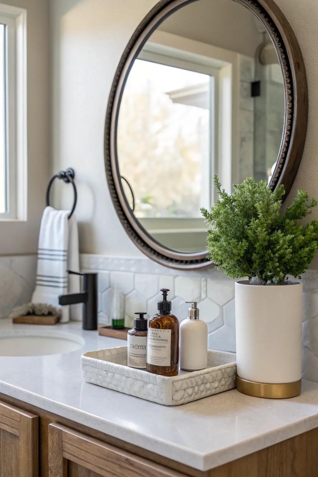 A circular reflector acts as a stylish centerpiece in the bathroom.