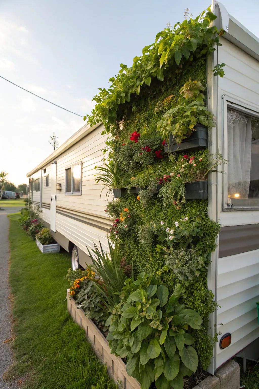 A vibrant upright garden enhancing the wall of a manufactured home.