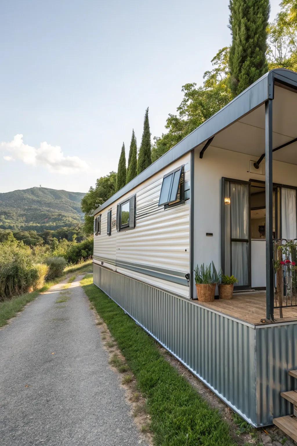 Metallic baseboards grant a mobile residence a satiny, industrial visage.