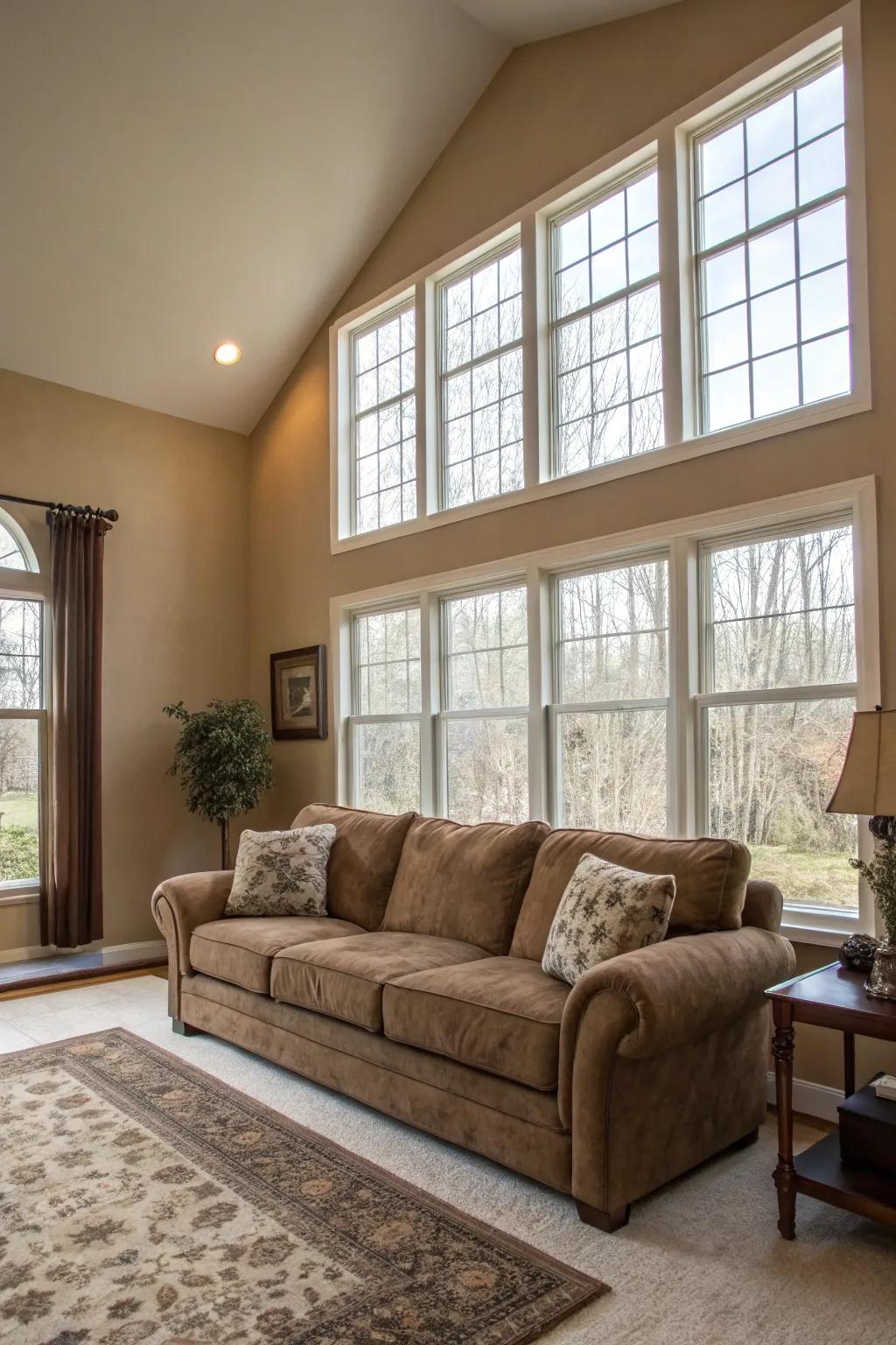Natural light elevates the airy sensation surrounding the cocoa-colored sofa.