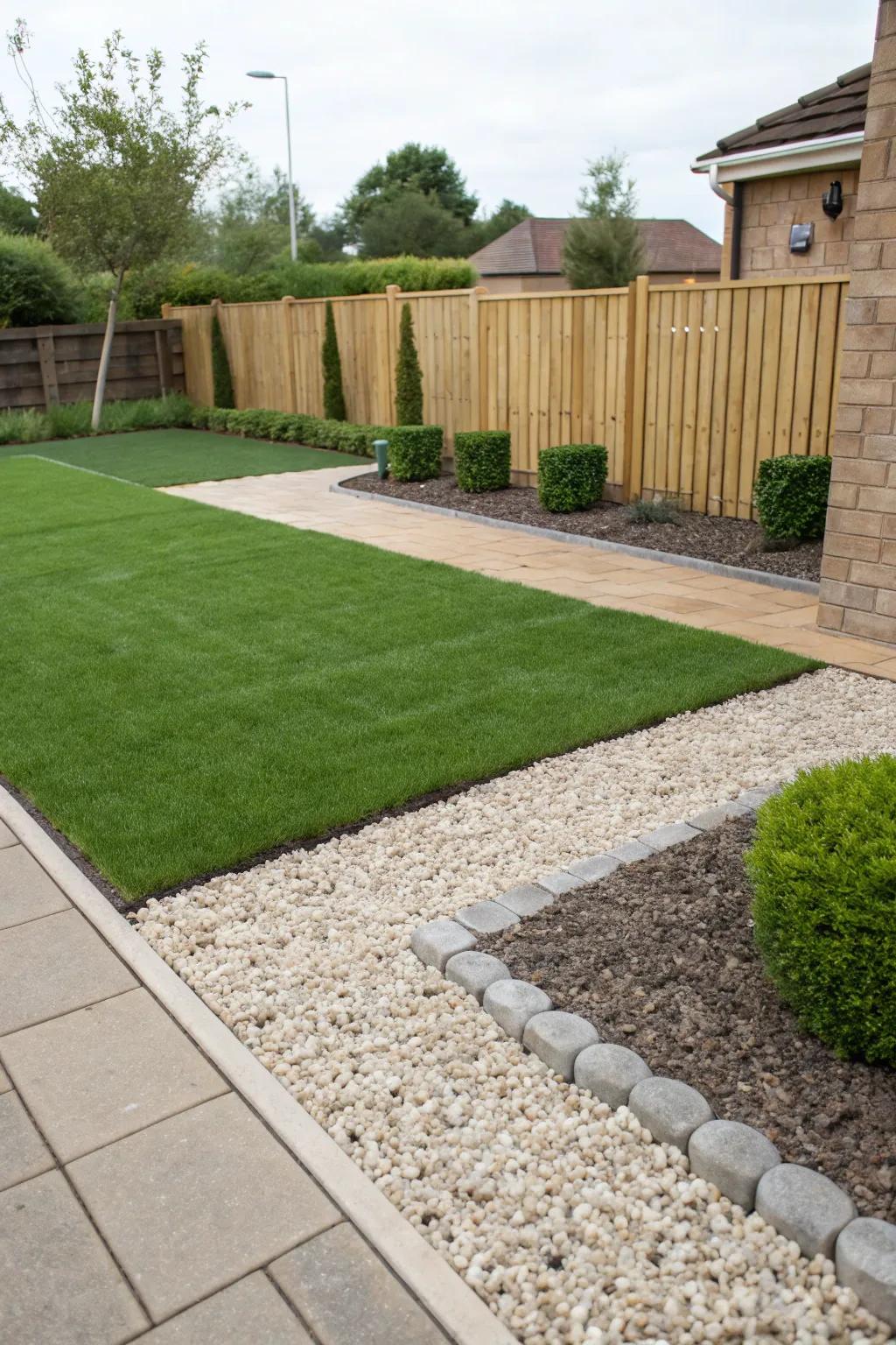 A contemporary front yard design integrating artificial grass and contrasting crushed stone.