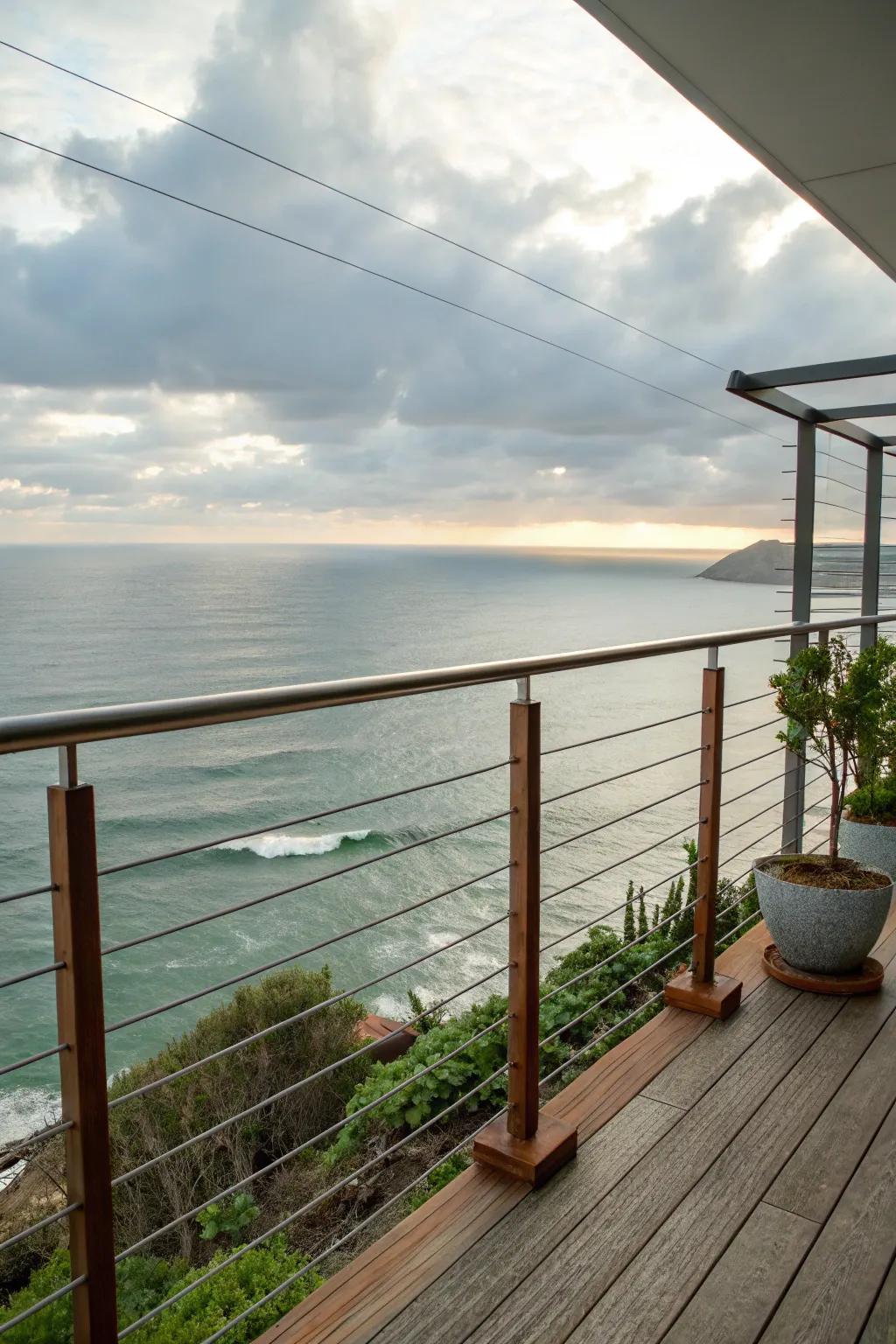 Unobstructed cable railings featured on a balcony offering ocean views
