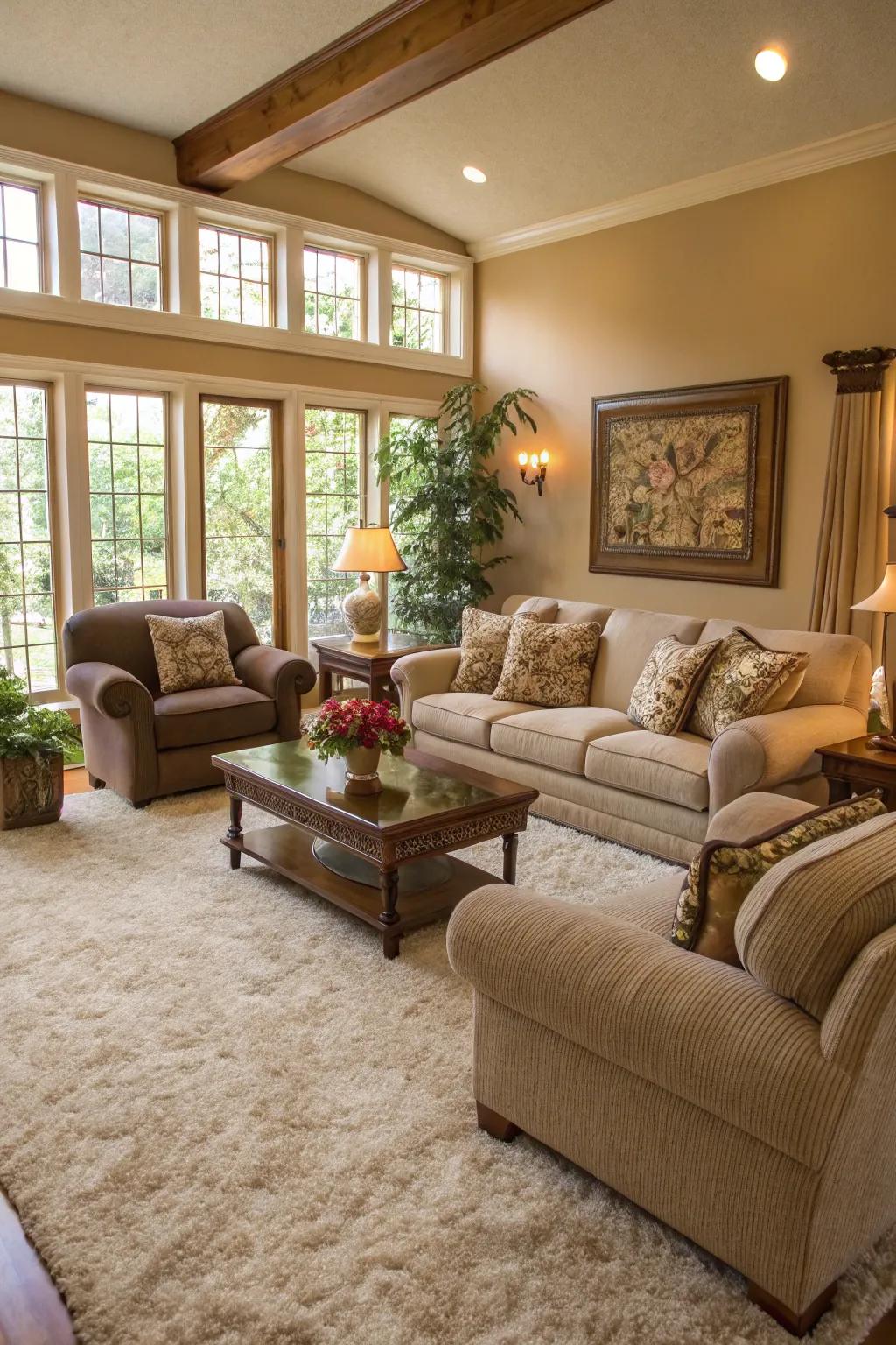 An inviting lounge featuring a plush ground covering that enhances the comfort of a spacious seating zone