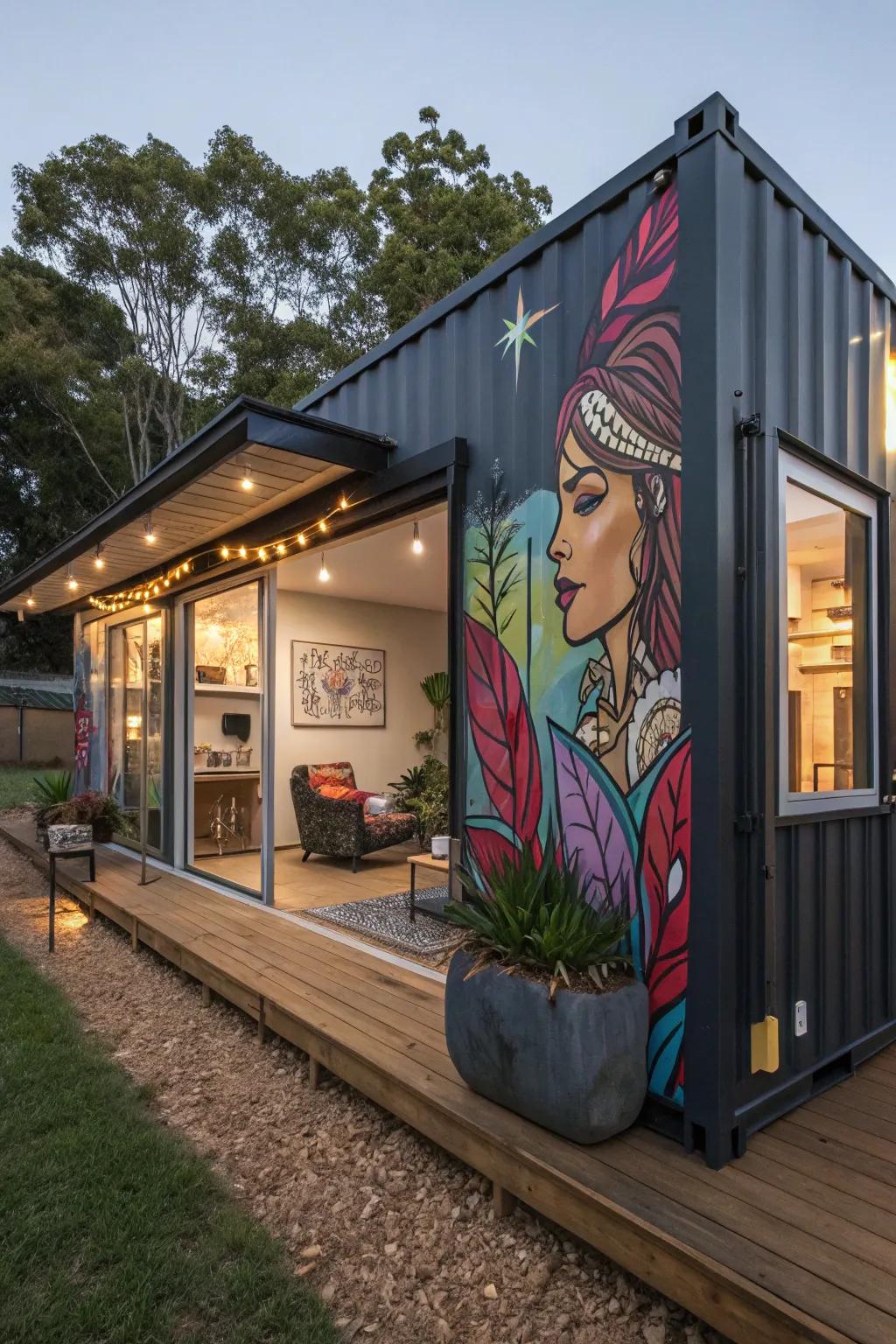 A container home with unique personalized design elements and custom artwork.