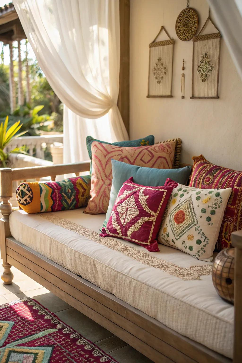 An assortment of decorative cushions adds charm and comfort to a daybed.